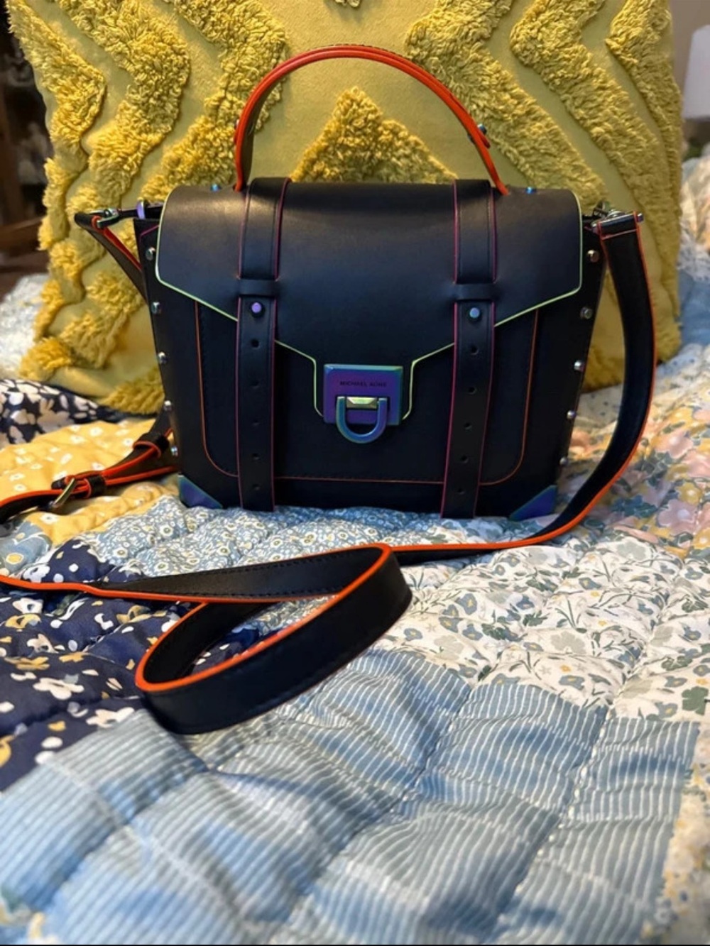 Michael Kors Black manhattan Satchel with Orange Trim and Neon Accents
